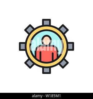 Vector man with gear, engineer, tech worker flat color line icon. Stock Vector