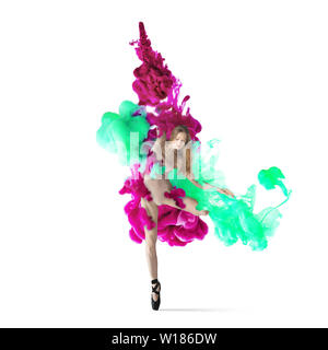 Creative collage formed by color dissolving in water on white background. Bright combination of colors. Young dancer in clouds of smoke or dissolves. Graceful, flexibility and elegance. Stock Photo