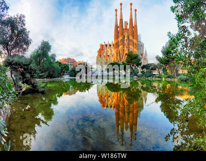 BARCELONA, SPAIN - FEB 10: View of the Sagrada Familia, a large Roman Catholic church in Barcelona, Spain, designed by Catalan architect Antoni Gaudi, Stock Photo
