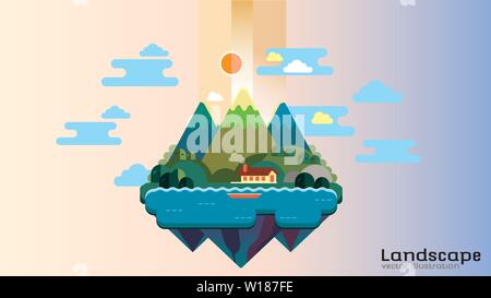 Floating island on a blue sky.  Background vector illustration. Stock Vector