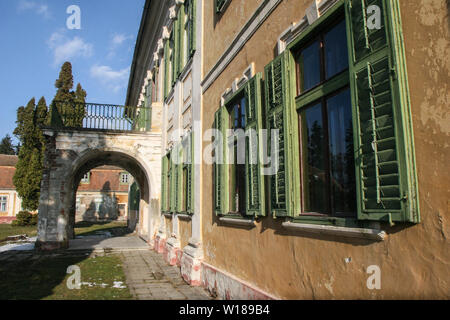 SIBIU, ROMANIA - March 13, 2010: Detail of the windows of the old Brukenthal Avrig Palace in Romania. Stock Photo