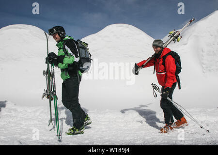 SIBIU, ROMANIA - March 13, 2010: Group of skiers and snowboarders at the Balea lake. Stock Photo