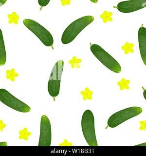 Cucumbers with flowers. Seamless pattern background. Vector illustration. Vegetarian food. Stock Vector