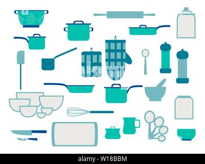 Collection of glassware kitchenware and cookware set of kitchen utensils for home cooking flat vector illustration Stock Vector