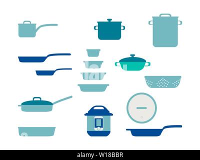 Frying pan Cookware Set, Collection of kitchenware and cookware set of kitchen utensils for home cooking flat vector illustration Stock Vector