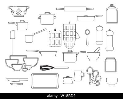 Collection of glassware kitchenware and cookware set of kitchen utensils for home cooking flat vector illustration, outline black white Stock Vector