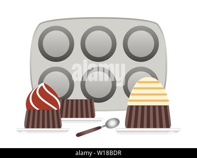 Baking pans for cupcakes and cupcake in plate, flat vector illustration Stock Vector