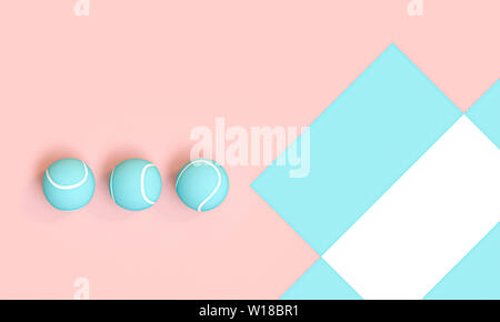 3d render image of a series of blue tennis balls on a pink and white background in a flat lay style. Stock Photo