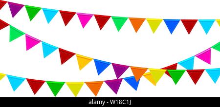 Garland of multicolored small flags for decoration. Colored checkboxes on white isolated. Background of colored flags. Stock Vector