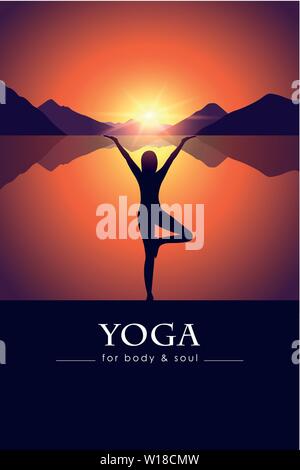 yoga for body and soul meditating woman silhouette by the lake with mountain landscape at sunset vector illustration EPS10 Stock Vector