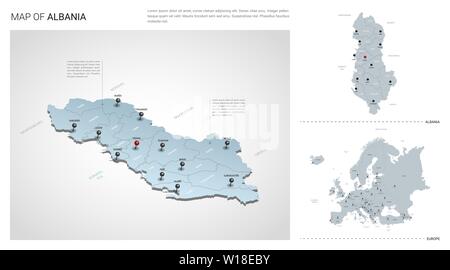 Vector set of Albania country.  Isometric 3d map, Albania map, Europe map - with region, state names and city names. Fonts : Myriad Pro, Roboto Stock Vector