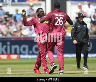 Chester le Street, UK. 1st July 2019.  West Indies' Sheldon Cottrell and Carlos Brathwaite high five after running out Sri Lanka's Kusal Perera during the ICC Cricket World Cup 2019 match between Sri Lanka and West Indies at Emirates Riverside, Chester le Street on Monday 1st July 2019. Credit: MI News & Sport /Alamy Live News Stock Photo