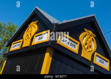 Old style AA roadside assistance telephone box at Glen Dye, Strachan, Aberdeenshire, Scotland. Stock Photo