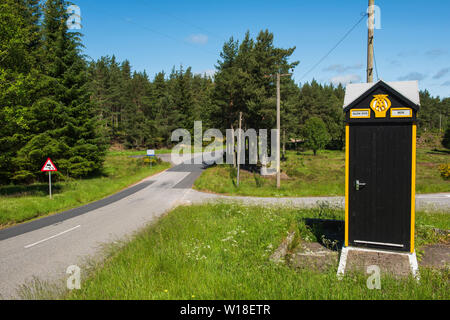 Old style AA roadside assistance telephone box at Glen Dye, Strachan, Aberdeenshire, Scotland. Stock Photo