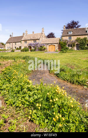 A stream runs through the green in the Cotswold village of Little Barrington, Gloucestershire UK Stock Photo