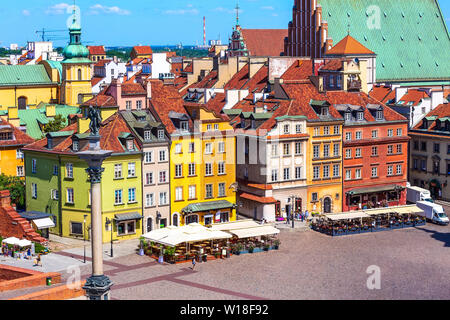 Warsaw, Poland colorful houses in Castle Square in the Old Town of polish capital aerial view Stock Photo