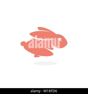 Pink Rabbit, fast running forward Hare, jumping Bunny. Wild animal icon. Simple silhouette logo template. Modern concept design for business. Isolated Stock Vector