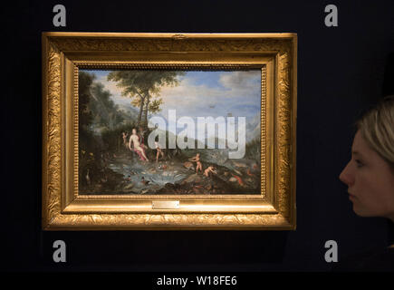 Bonhams, London, UK. 1st July 2019. Four oil on copper panels by Jan Brueghel the Younger (1601-1678) leads the Old Master Paintings sale. The Four Elements: An Allegory of Earth; An Allegory of Water; An Allegory of Air; and An Allegory of Fire have been miraculously well preserved as a quartet for almost 400 years, estimate of £800,000-1,200,000. Credit: Malcolm Park/Alamy Live News. Stock Photo