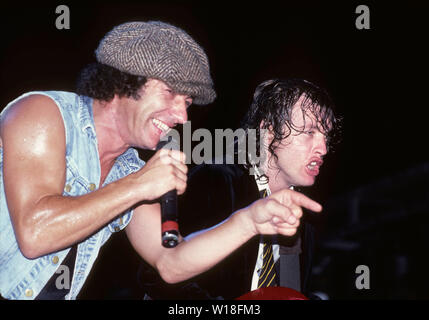 AC/DC US rock group with Brian Johnson at left and Angus Young