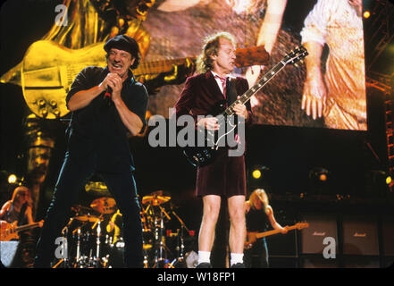 AC/DC US rock group with vocalist  Brian Johnson and Angus Young about 2001. Photo: Jeffrey Mayer Stock Photo