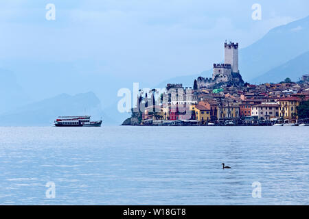 Tourist boat heads for Malcesine. Lake Garda, Veneto, Italy, Europe. Stock Photo