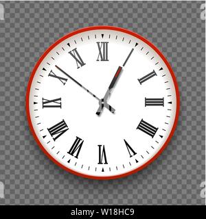 Red and white wall office clock icon with roman numbers. Design template vector closeup. Mock-up for branding and advertise isolated on transparent Stock Vector