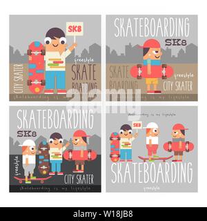Skateboarding Posters Set - Group of Youth Skaters on Workout. Skating in Park. Skateboarders with Skateboards. Vector Illustration. Retro Design. Fla Stock Vector