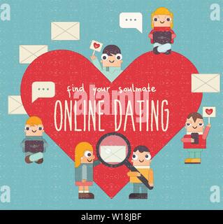 Online Dating Retro Poster. Cute Cartoon People Send and Receive Love Email Messages via Mobile Gadgets. Internet or Remote Relationship Concept. Vect Stock Vector