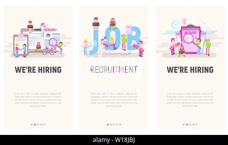 Mobile App Page Onboard Screen Set. Screens Template for HR Recruitment Website or Web Page. Vector Illustration. Small Cartoon People. Stock Vector