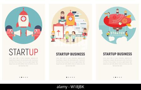 Mobile App Page Onboard Screen Set. Screens Template. Concept Startup Launch of New Business - People are Building Spaceship Rocket. Vector Illustrati Stock Vector