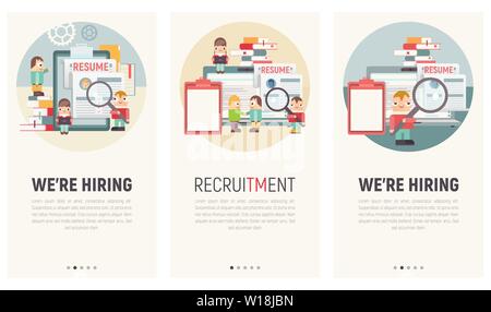 Mobile App Page Onboard Screen Set. Screens Template for HR Recruitment Website or Web Page. Vector Illustration. User Interface Kit in Flat Design. Stock Vector