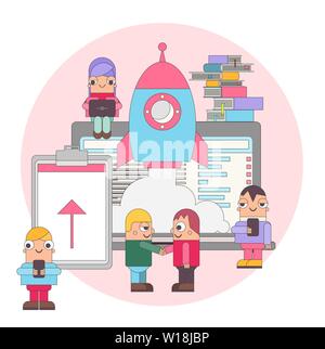 New Business Startup Concept in Retro Art Outline Style - Funny People are Launching Rocket. Vector Illustration for Web Page, Website, Banner, Social Stock Vector
