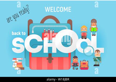 Back to School Poster Design with School Items and Cartoon Schoolchildren. Vector Illustration. Stock Vector