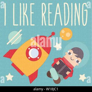 Cartoon Boy Reading and Imagine Himself in Space Outer.  Vector Illustration. Concept - Knowledge, Space, Wisdom. Retro Design. Retro Poster. Stock Vector
