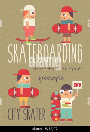 Skateboarding Poster - Group of Cartoon Skaters on Workout. Skating in Park. Skateboarders with Skateboards. Vector Illustration. Retro Design. Flat S Stock Vector