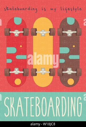 Skateboard Decks on Retro Poster. Vector Illustration. Poster for Skateboarding Club. Flat Style. Stock Vector