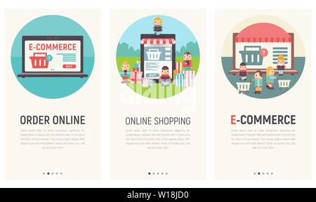 Mobile App Page Onboard Screen Set. Screens Template for E-commerce, Online Shopping, Mobile Store, Order Online. Vector Illustration. User Interface Stock Vector