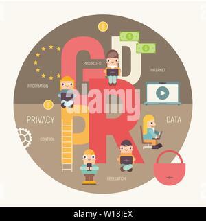 Flat Design Concept of GDPR - General Data Protection Regulation. General Rules for Data Protection. Control Over Personal Data. Vector Illustration f Stock Vector
