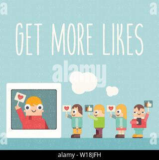 Social Media Poster with Text Get More Likes. Funny People Using Smartphone for Follow the Trend and Social Networking. Vector Illustration. Cartoon R Stock Vector