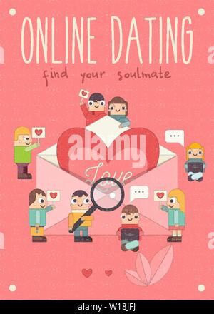 Online Dating Concept. Cute Cartoon People Send Love Email Messages via Mobile Gadgets. Idea of Internet or Remote Relationship. Big Heart in Envelope Stock Vector