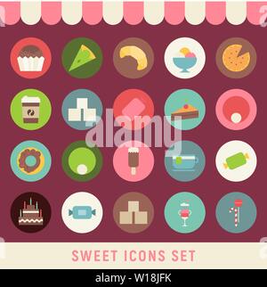 Collection of Sweets in Flat Style. Sweets, Cupcake, Donut, Ice Cream, Croissant, Big Cake, Coffee in Retro Design. Vector Illustration. Stock Vector