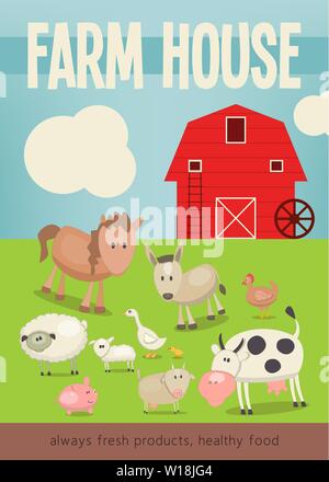 Farm House Market  Poster Template. Farmers Market. Healthy Food, Organic Products and Farming Concept. Funny Farm Animals. Vector Illustration. Stock Vector