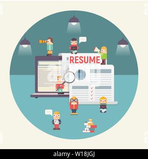 Hiring and Recruitment Concept – Human Resources. Flat Design Vector Illustration for Web Banners and Apps. HR Managers near Big Laptop and Resume. Stock Vector