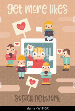 Social Networking Poster - Funny People Using Cellphone, Laptop and Smartphone for Sending Posts in Social Media. Cartoon Characters near Big Internet Stock Vector