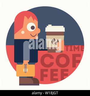 Cartoon Man with Coffee. Flat Poster Template in Retro Design. Coffee Take Away Concept. Vector Illustration. Stock Vector