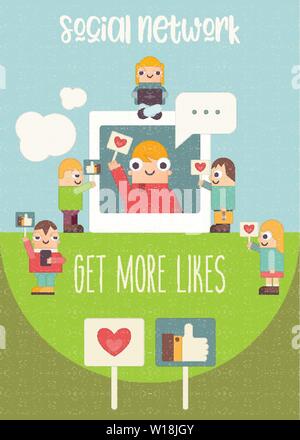 Retro Poster of Social Media with Text Get More Likes. Funny People Using Smartphone and Laptop for Follow the Trend and Social Networking. Vector Ill Stock Vector