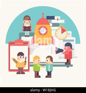 Flat Design Concept Startup Launch of New Business - Cartoon People are Building Spaceship Rocket. Vector Illustration for Web Page, Website, Banner, Stock Vector