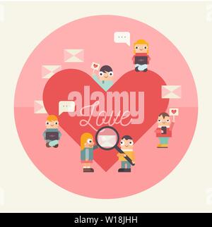Online Dating Concept. Cute Cartoon People Send and Receive Love Email Messages via Mobile Gadgets. Idea of Internet or Remote Relationship. Vector Il Stock Vector
