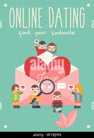 Online Dating Concept. Cartoon People Send and Receive Love Email Messages via Mobile Gadgets. Idea of Internet or Remote Relationship. Big Heart in E Stock Vector