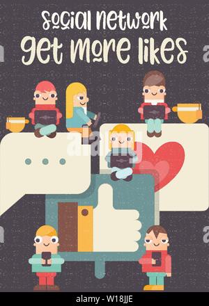 Retro Poster of Social Media with Characters - Cartoon People Using Mobile Gadgets. Youth Talking and Share Tag or Post Comment Online near Big Symbol Stock Vector
